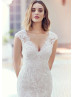 Cap Sleeves Ivory Lace Tulle V Back Romantic Wedding Dress